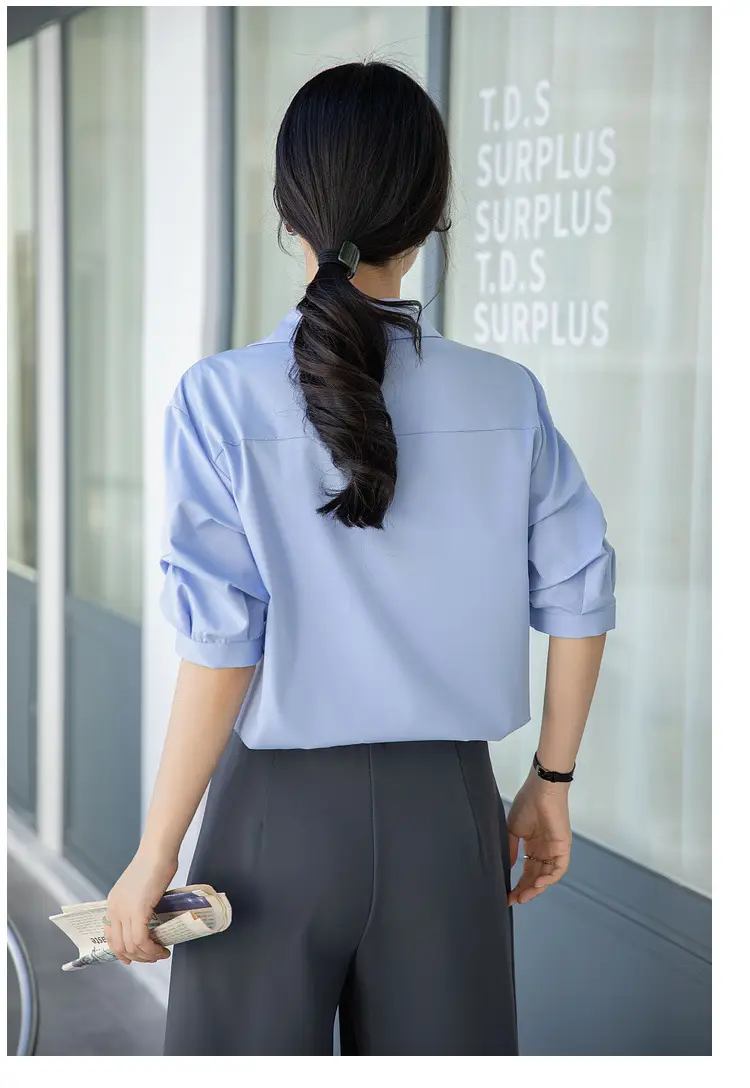White Shirt Women's 2025 Summer New Casual Loose Professional French Niche Top V-Neck Short-Sleeved Shirt — feature 36