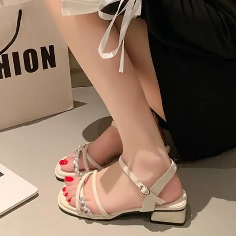 2025 Rhinestone Strap Sandals Women Summer White Thick Heel - Image 5