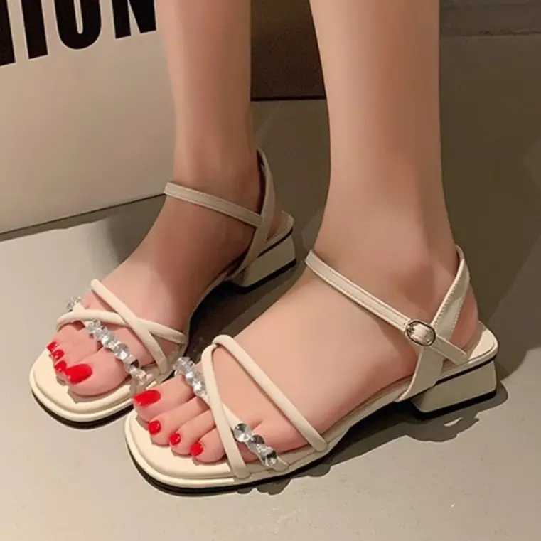 2025 Rhinestone Strap Sandals Women Summer White Thick Heel - Image 6