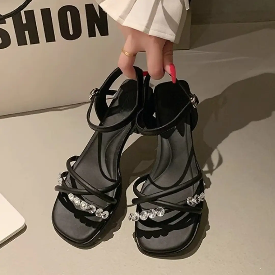 2025 Rhinestone Strap Sandals Women Summer White Thick Heel — feature 7