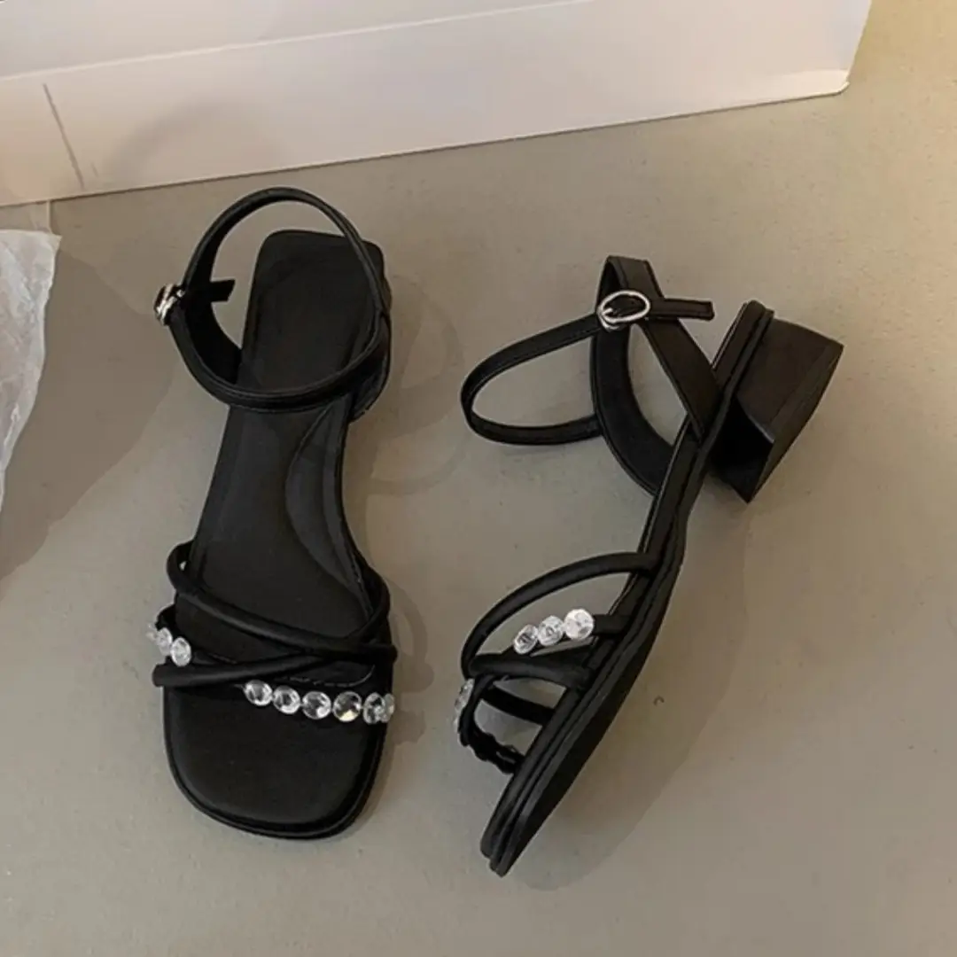 2025 Rhinestone Strap Sandals Women Summer White Thick Heel — feature 9