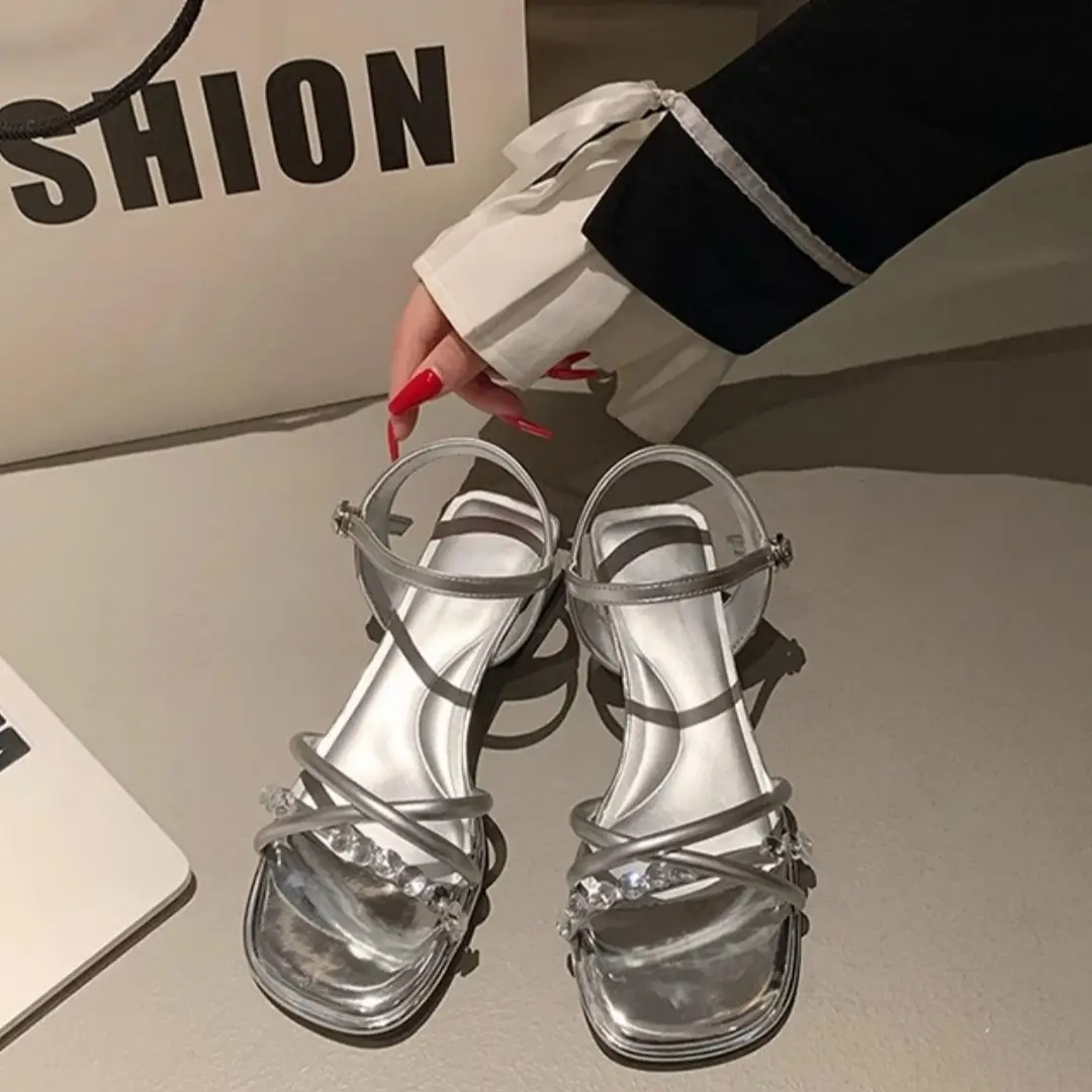 2025 Rhinestone Strap Sandals Women Summer White Thick Heel - Image 2