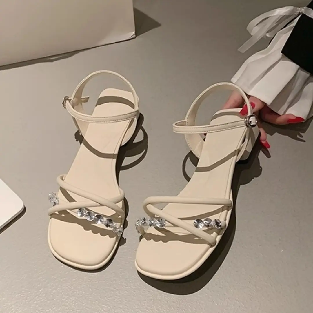 2025 Rhinestone Strap Sandals Women Summer White Thick Heel - Image 3