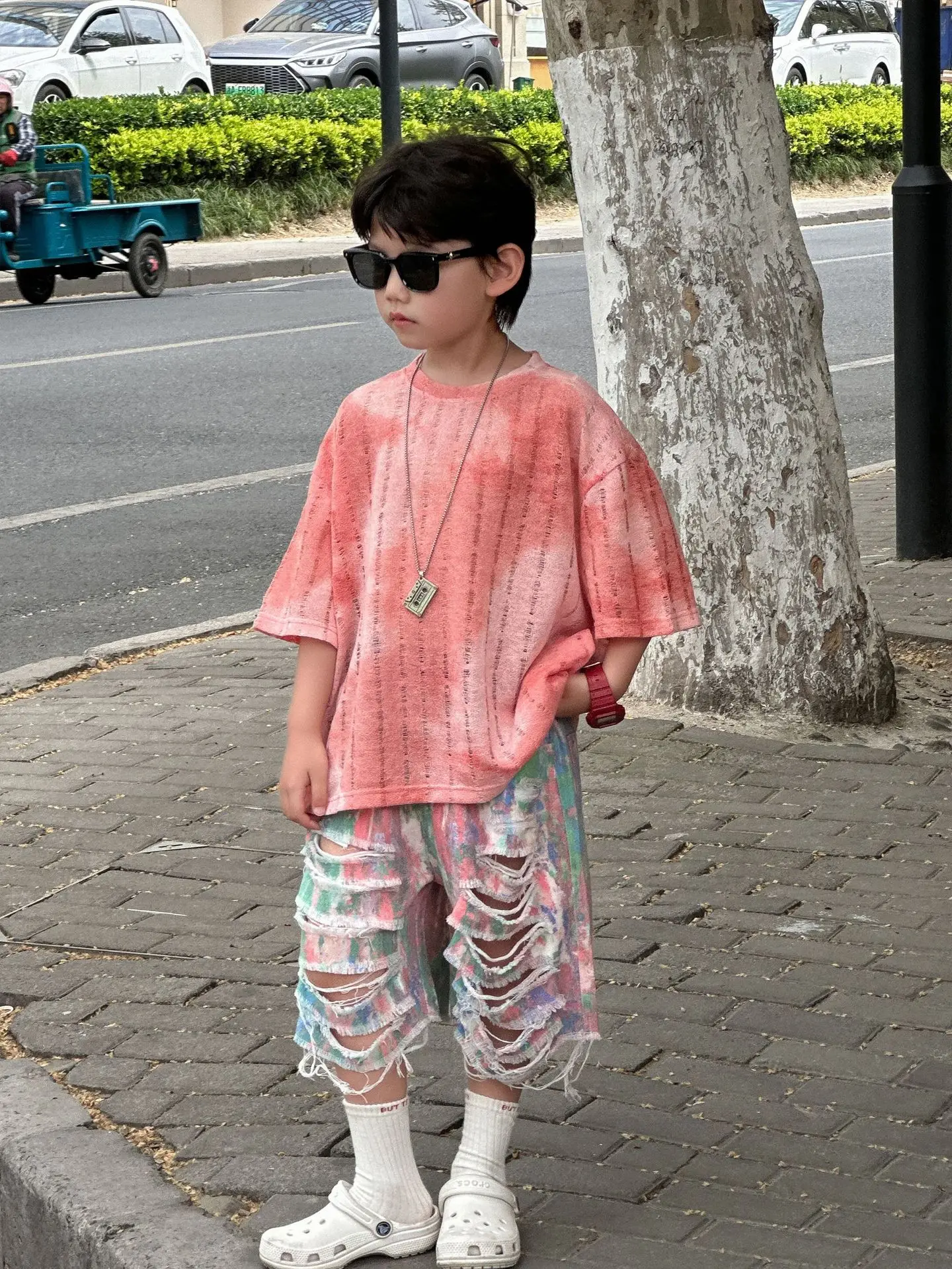 Kids Cotton T-Shirt Set Pink Striped Shorts Summer Wear - Image 2