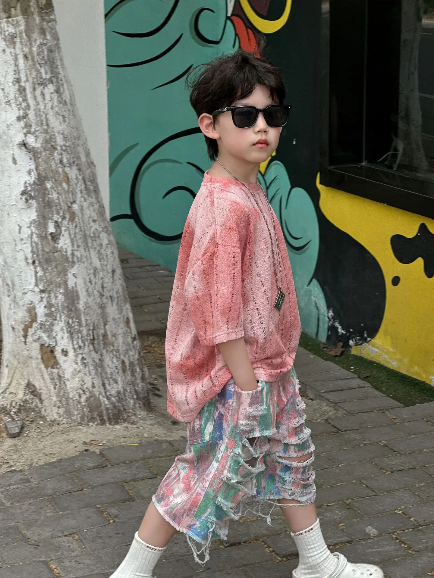 Kids Cotton T-Shirt Set Pink Striped Shorts Summer Wear - Image 3