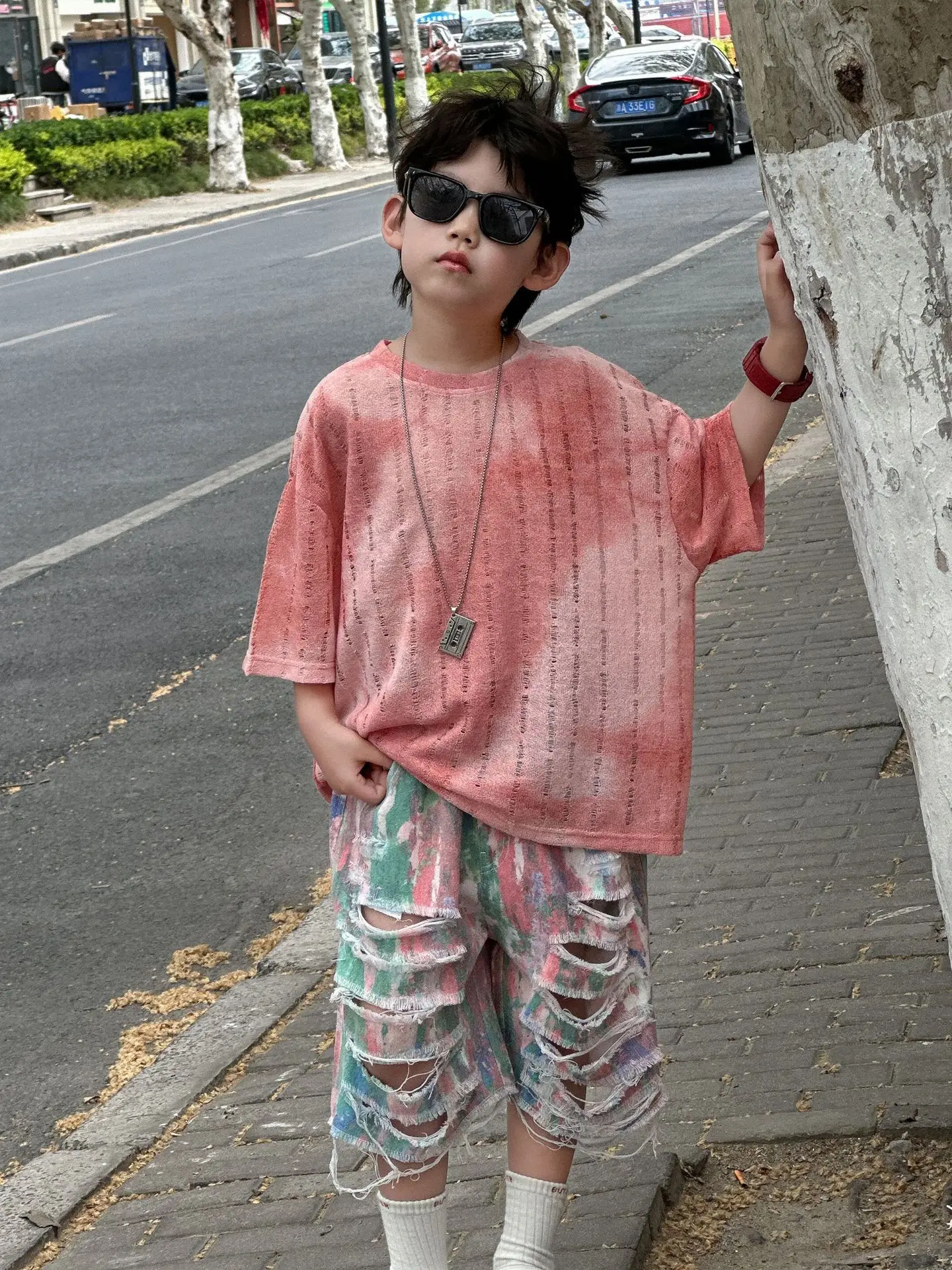 Kids Cotton T-Shirt Set Pink Striped Shorts Summer Wear - Image 5