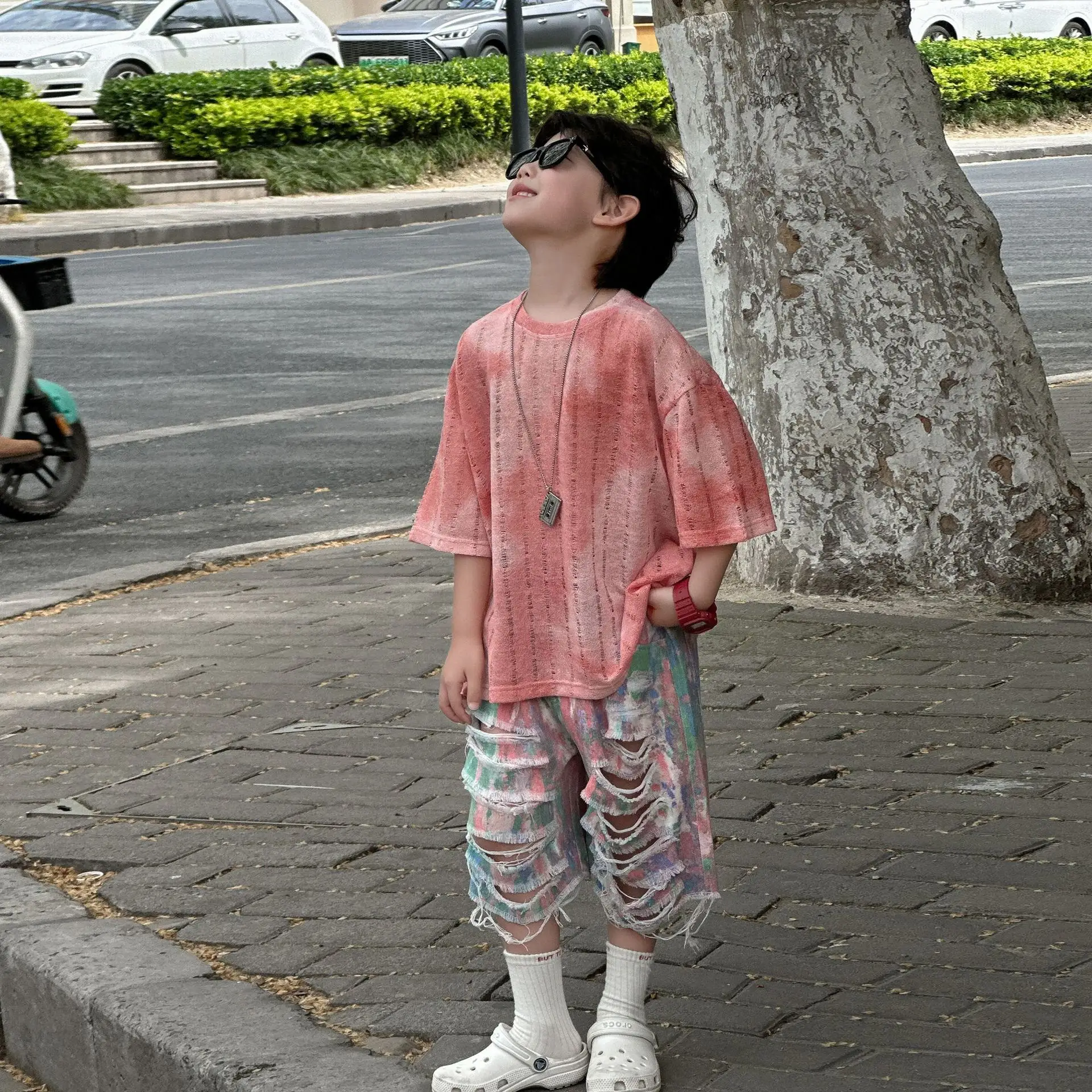 Kids Cotton T-Shirt Set Pink Striped Shorts Summer Wear — feature 11