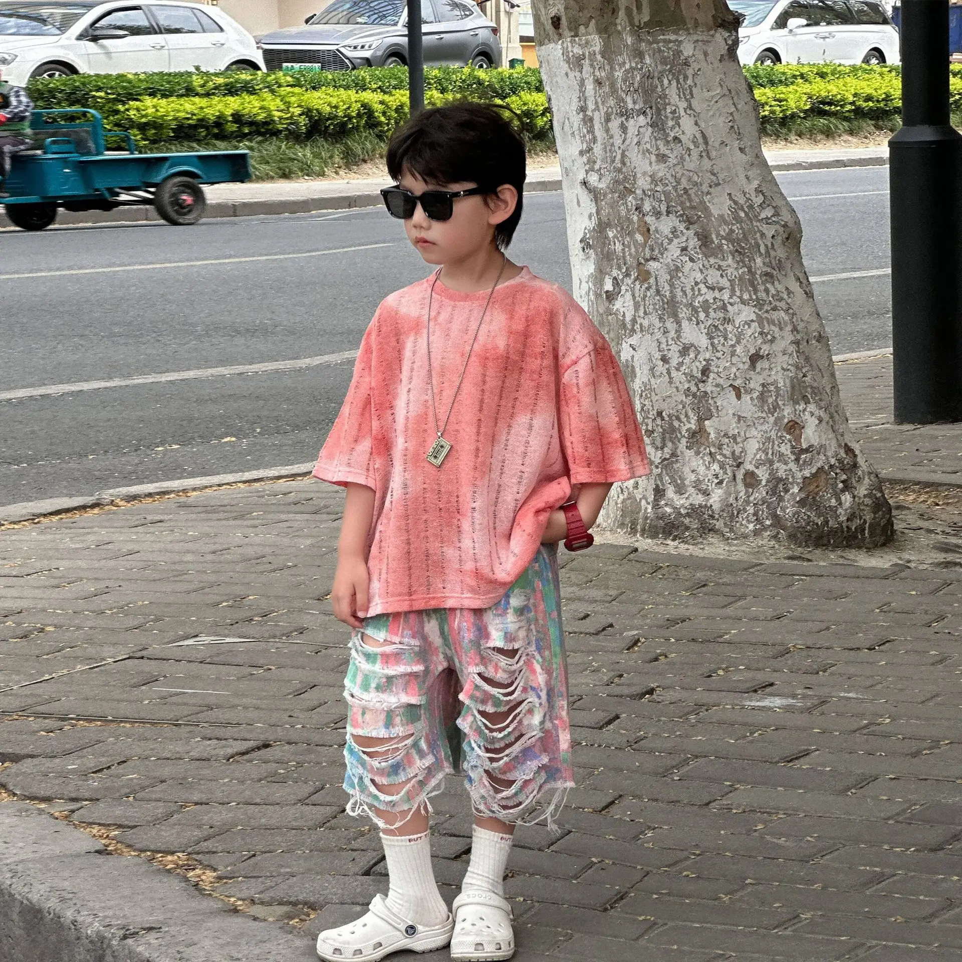 Kids Cotton T-Shirt Set Pink Striped Shorts Summer Wear — feature 12