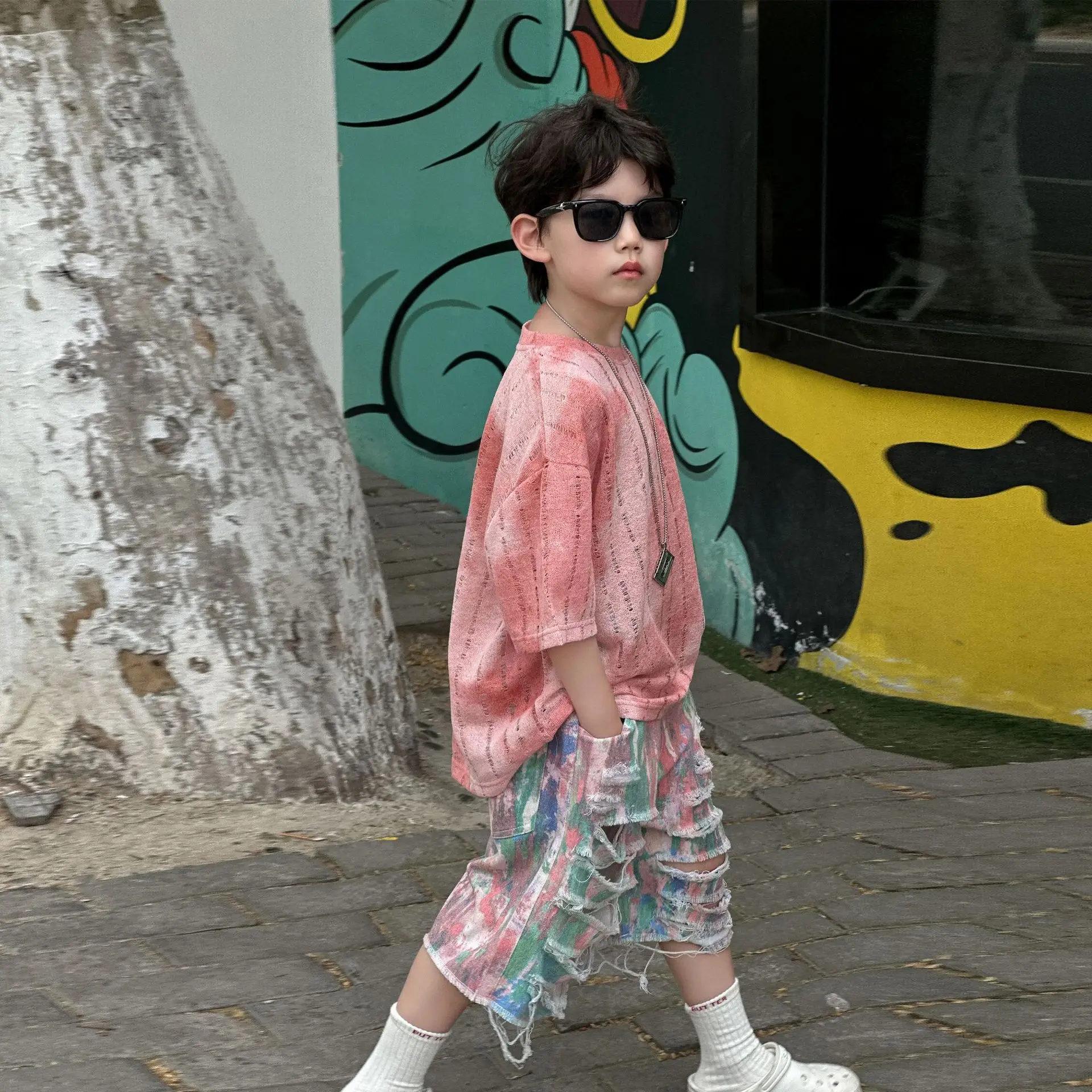 Kids Cotton T-Shirt Set Pink Striped Shorts Summer Wear — feature 13