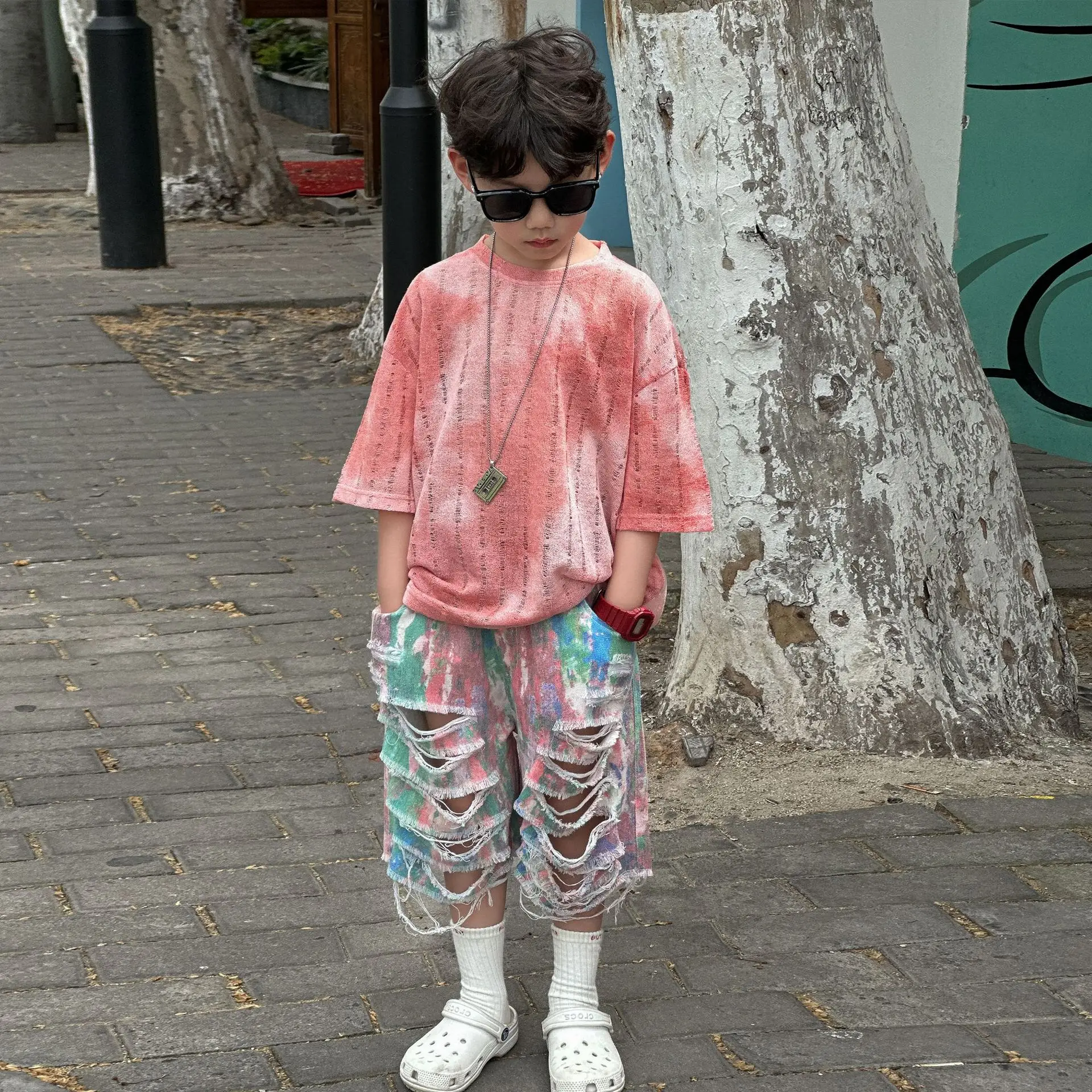 Kids Cotton T-Shirt Set Pink Striped Shorts Summer Wear — feature 2