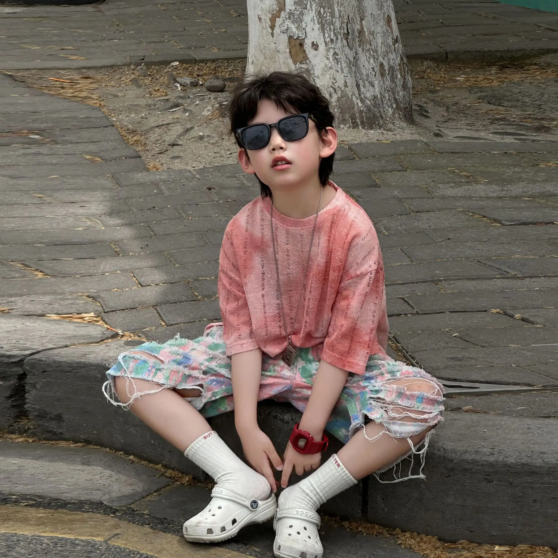Kids Cotton T-Shirt Set Pink Striped Shorts Summer Wear — feature 6