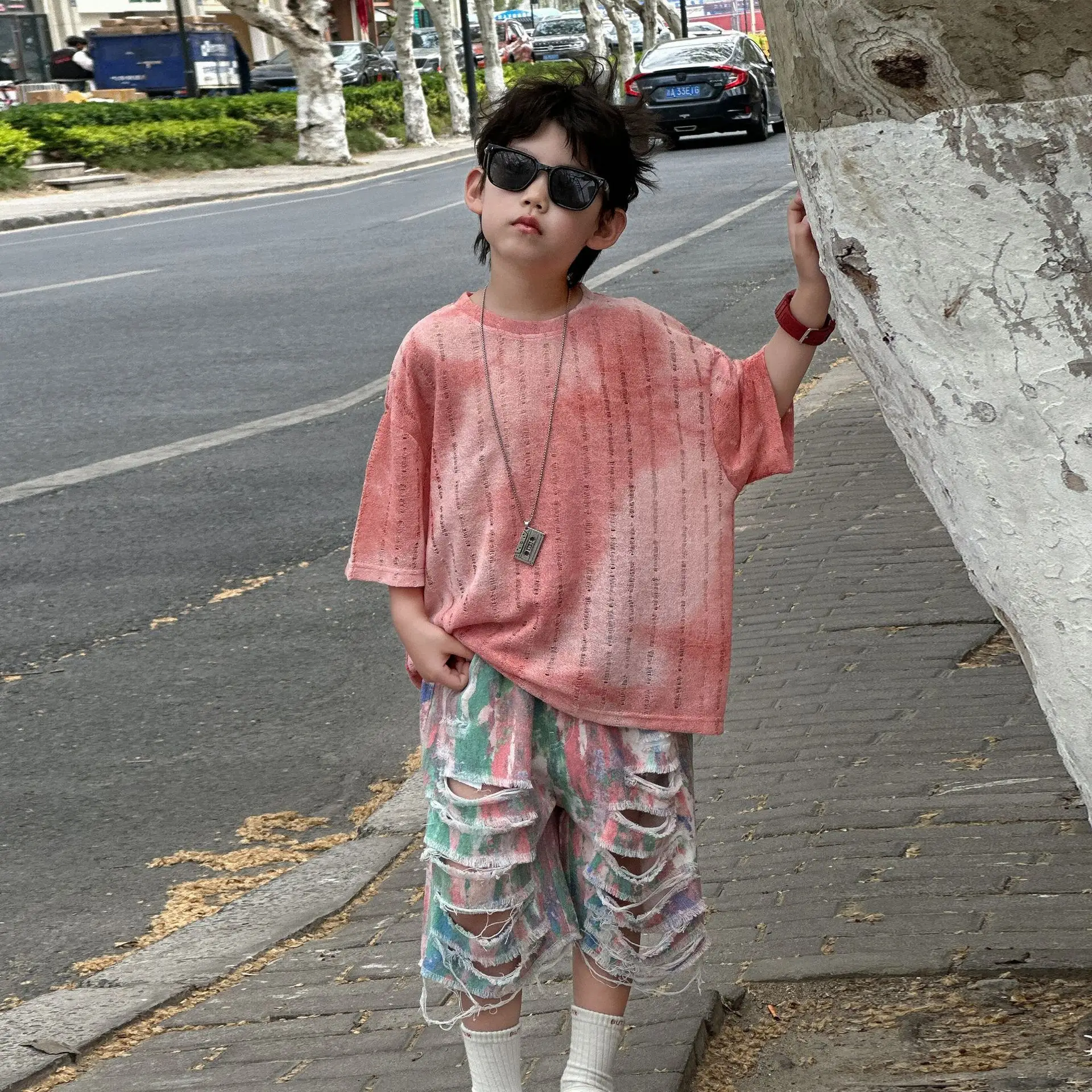 Kids Cotton T-Shirt Set Pink Striped Shorts Summer Wear — feature 8