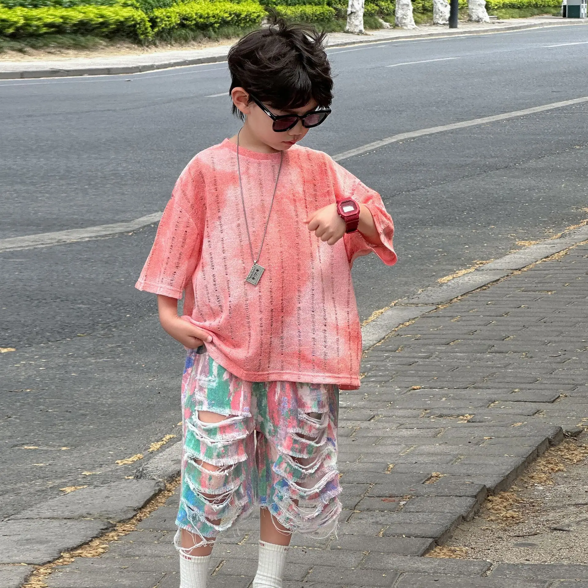 Kids Cotton T-Shirt Set Pink Striped Shorts Summer Wear — feature 9