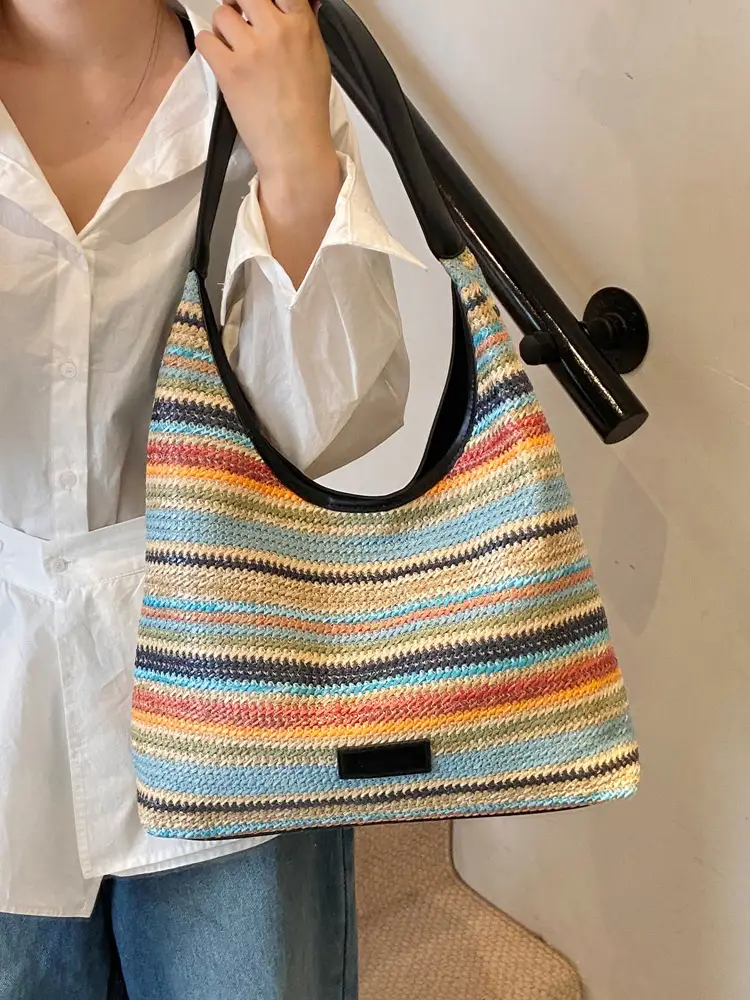 Women Straw Bag Large Capacity Contrast Color 2025 - Image 6