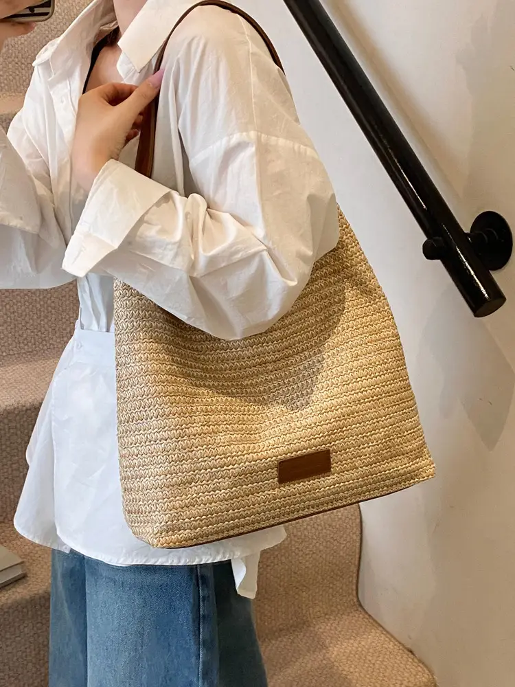 Women Straw Bag Large Capacity Contrast Color 2025 - Image 7