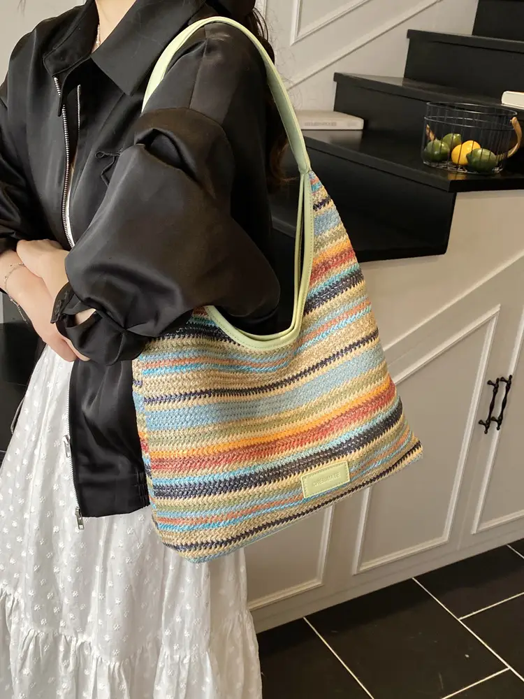 Women Straw Bag Large Capacity Contrast Color 2025 - Image 8