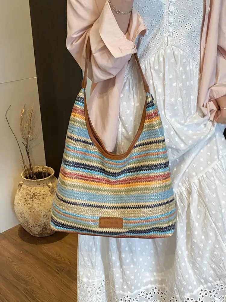 Women Straw Bag Large Capacity Contrast Color 2025 - Image 9