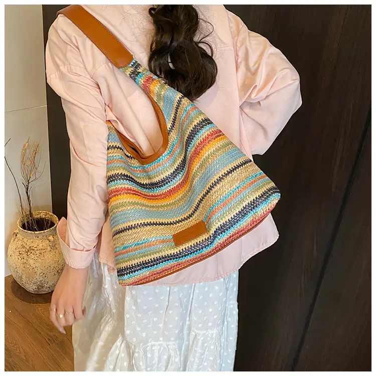 Women Straw Bag Large Capacity Contrast Color 2025 — feature 10