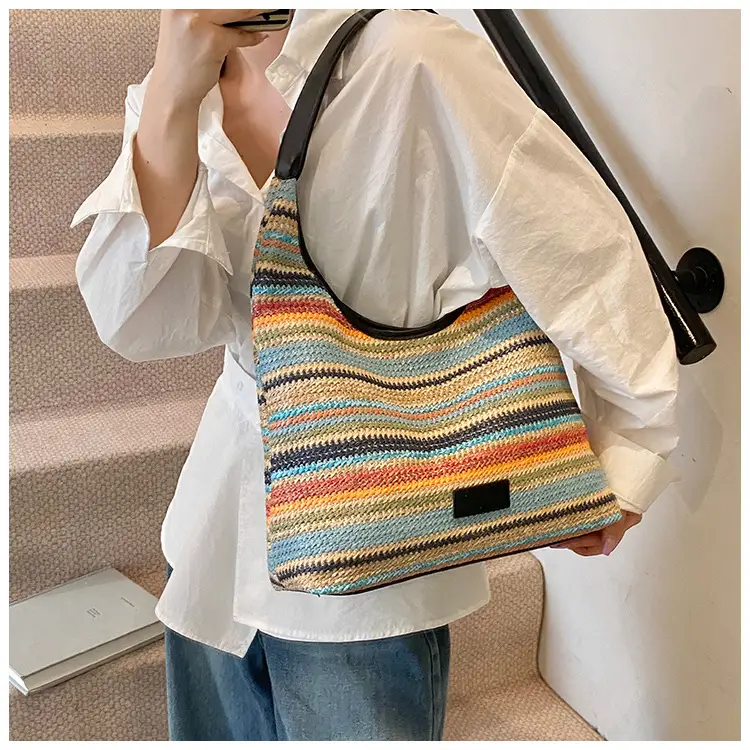 Women Straw Bag Large Capacity Contrast Color 2025 — feature 12
