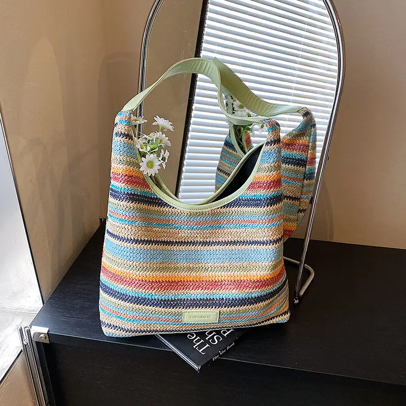 Women Straw Bag Large Capacity Contrast Color 2025 - Image 2