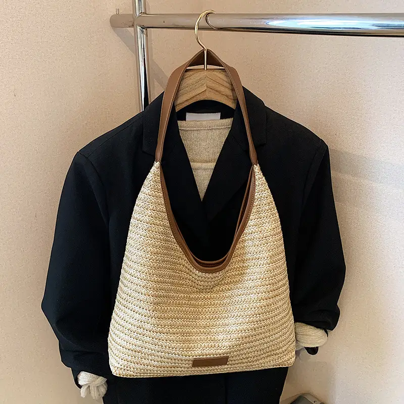 Women Straw Bag Large Capacity Contrast Color 2025 - Image 3
