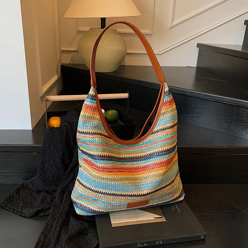 Women Straw Bag Large Capacity Contrast Color 2025 - Image 4