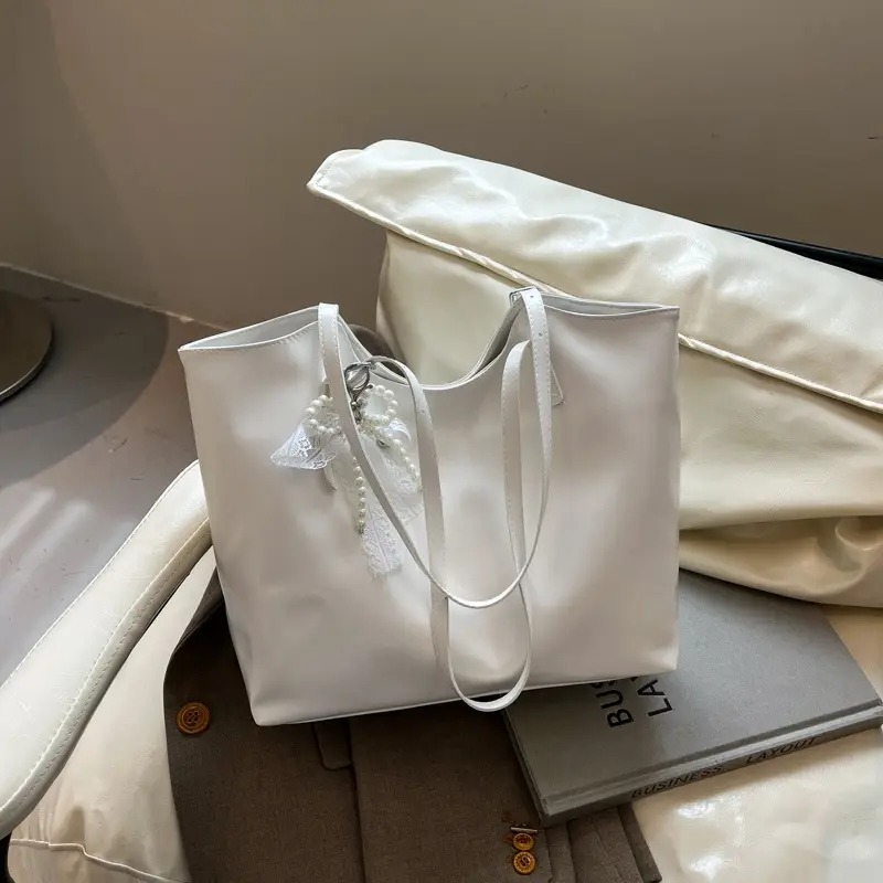 Large Capacity Beige Women's Shoulder Bag with Tassel
