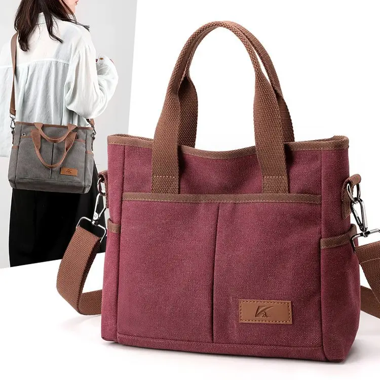 Korean-style Grey Canvas Shoulder Bag with Brown Handles - Image 7