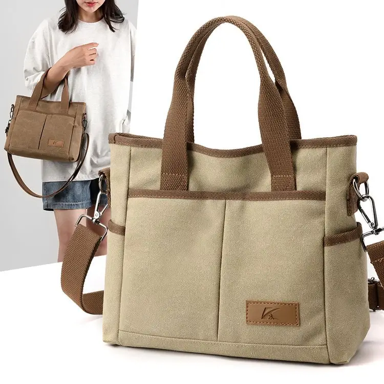 Korean-style Grey Canvas Shoulder Bag with Brown Handles - Image 8