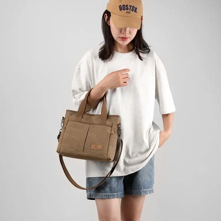 Korean-style Grey Canvas Shoulder Bag with Brown Handles - Image 9