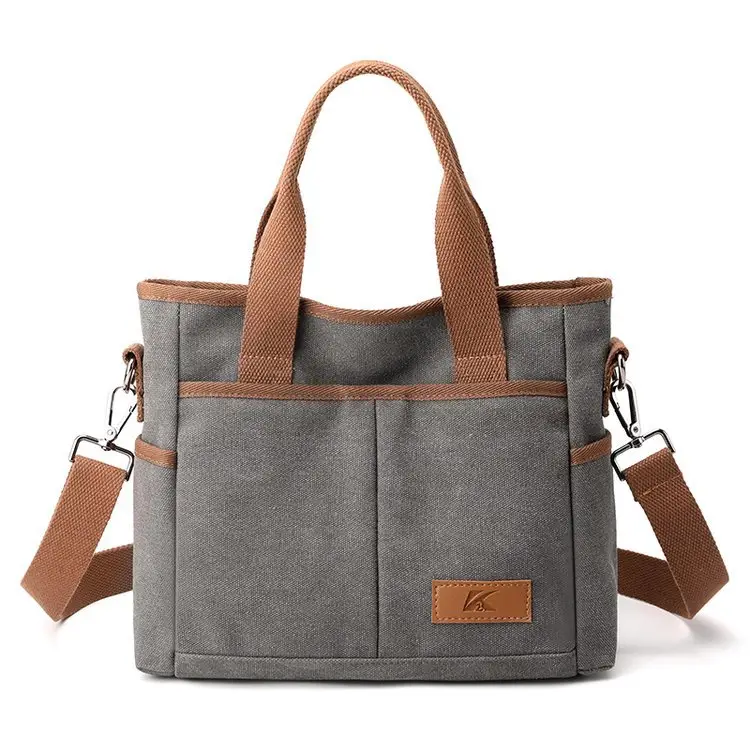 Korean-style Grey Canvas Shoulder Bag with Brown Handles - Image 5