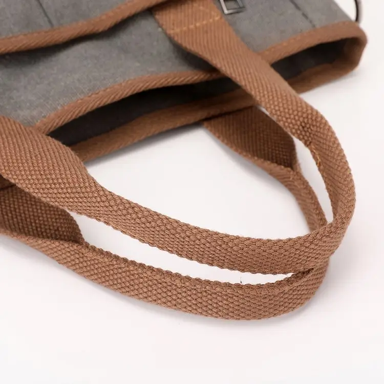 Korean-style Grey Canvas Shoulder Bag with Brown Handles — feature 12