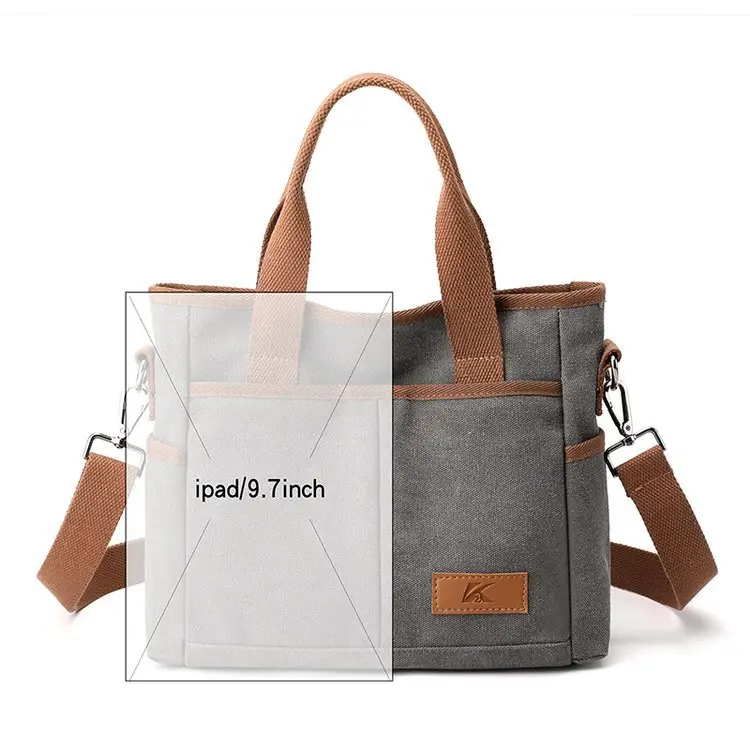 Korean-style Grey Canvas Shoulder Bag with Brown Handles — feature 15