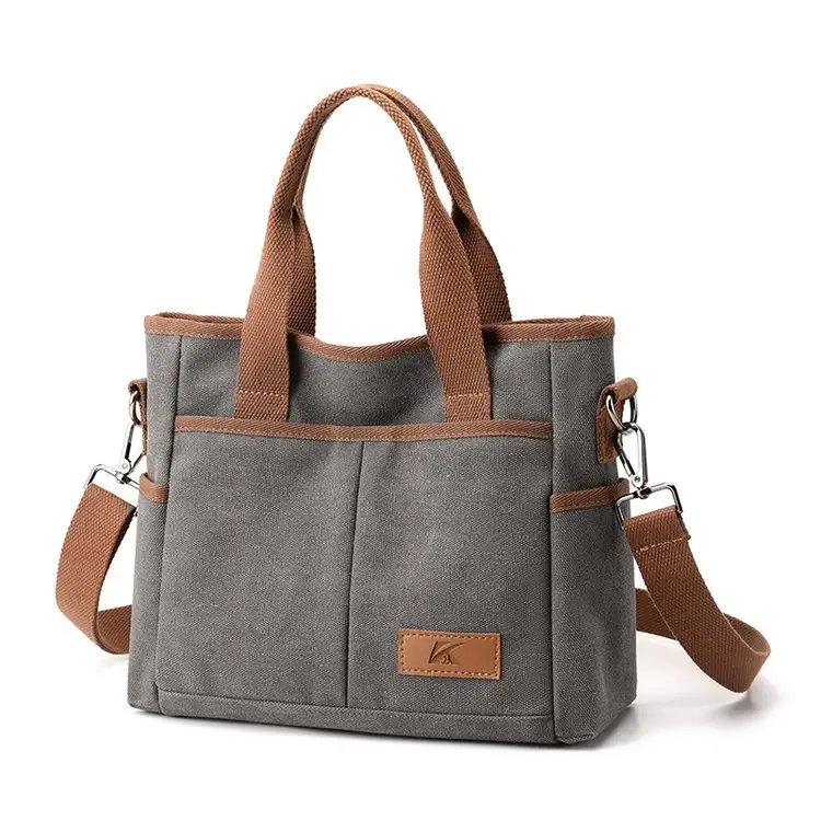 Korean-style Grey Canvas Shoulder Bag with Brown Handles — feature 16