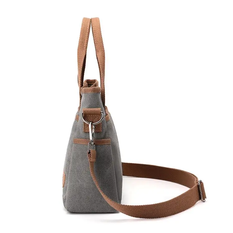 Korean-style Grey Canvas Shoulder Bag with Brown Handles — feature 18