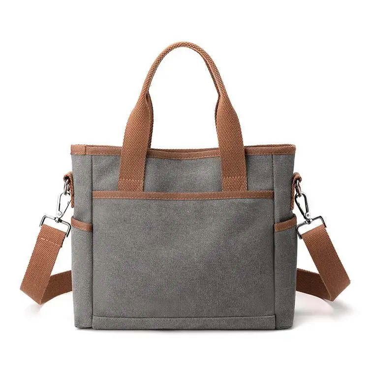 Korean-style Grey Canvas Shoulder Bag with Brown Handles — feature 19