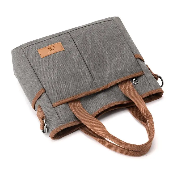 Korean-style Grey Canvas Shoulder Bag with Brown Handles — feature 20