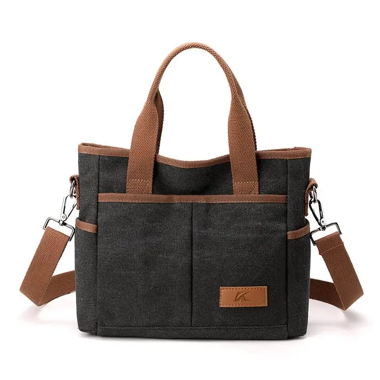 Korean-style Grey Canvas Shoulder Bag with Brown Handles — feature 21
