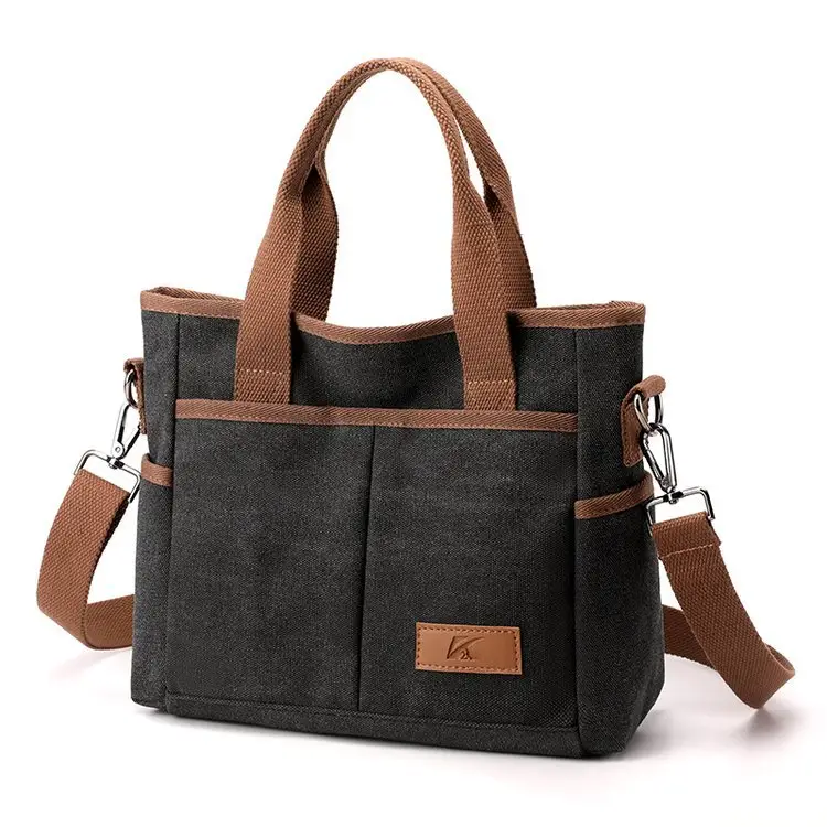 Korean-style Grey Canvas Shoulder Bag with Brown Handles — feature 22