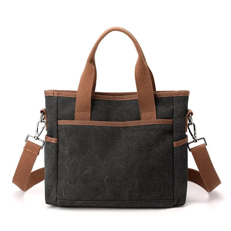 Korean-style Grey Canvas Shoulder Bag with Brown Handles — feature 23
