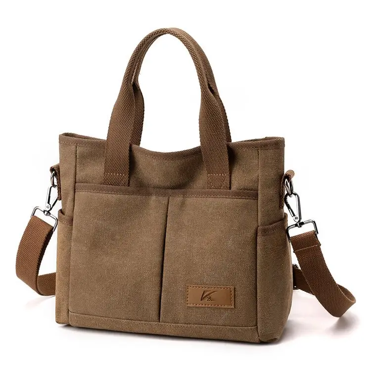 Korean-style Grey Canvas Shoulder Bag with Brown Handles — feature 31