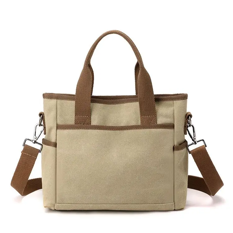 Korean-style Grey Canvas Shoulder Bag with Brown Handles — feature 38
