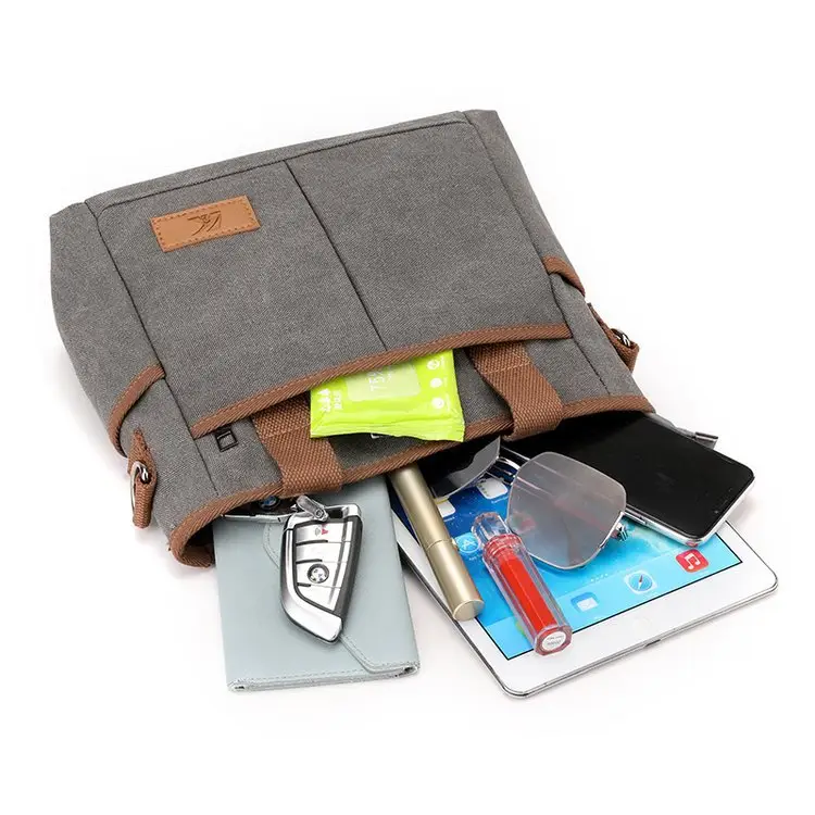 Korean-style Grey Canvas Shoulder Bag with Brown Handles — feature 4