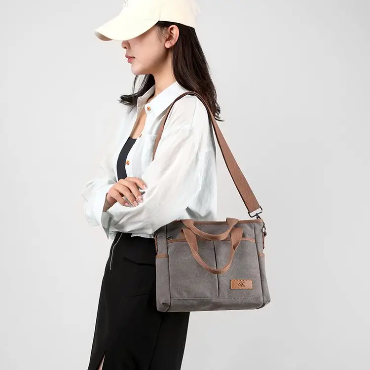 Korean-style Grey Canvas Shoulder Bag with Brown Handles — feature 44