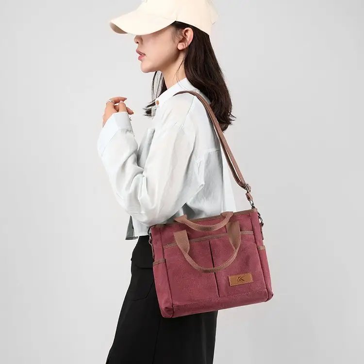 Korean-style Grey Canvas Shoulder Bag with Brown Handles — feature 45
