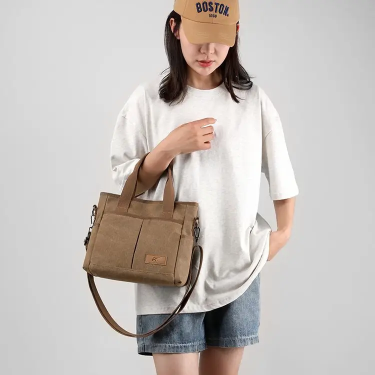 Korean-style Grey Canvas Shoulder Bag with Brown Handles — feature 46