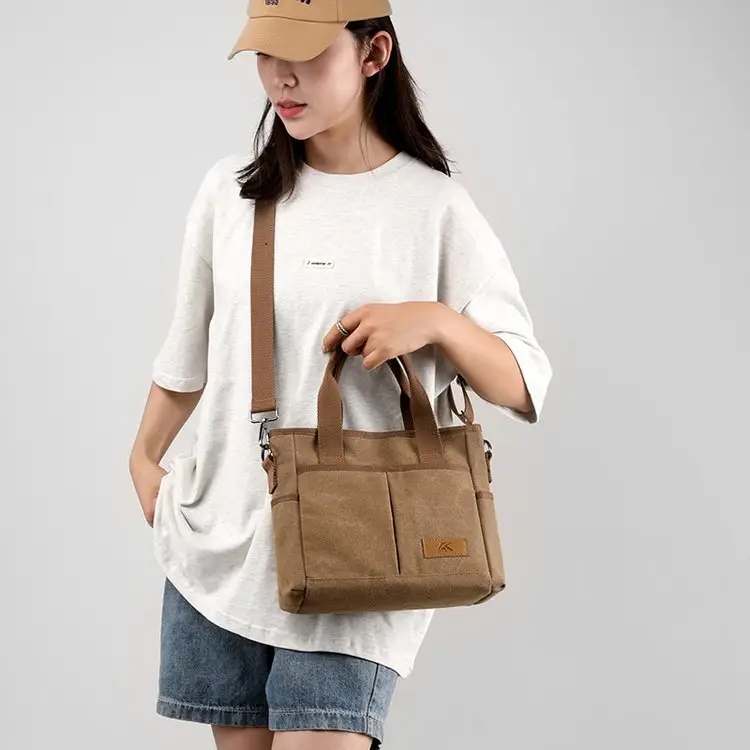 Korean-style Grey Canvas Shoulder Bag with Brown Handles — feature 47
