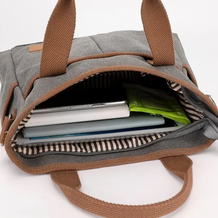 Korean-style Grey Canvas Shoulder Bag with Brown Handles — feature 5
