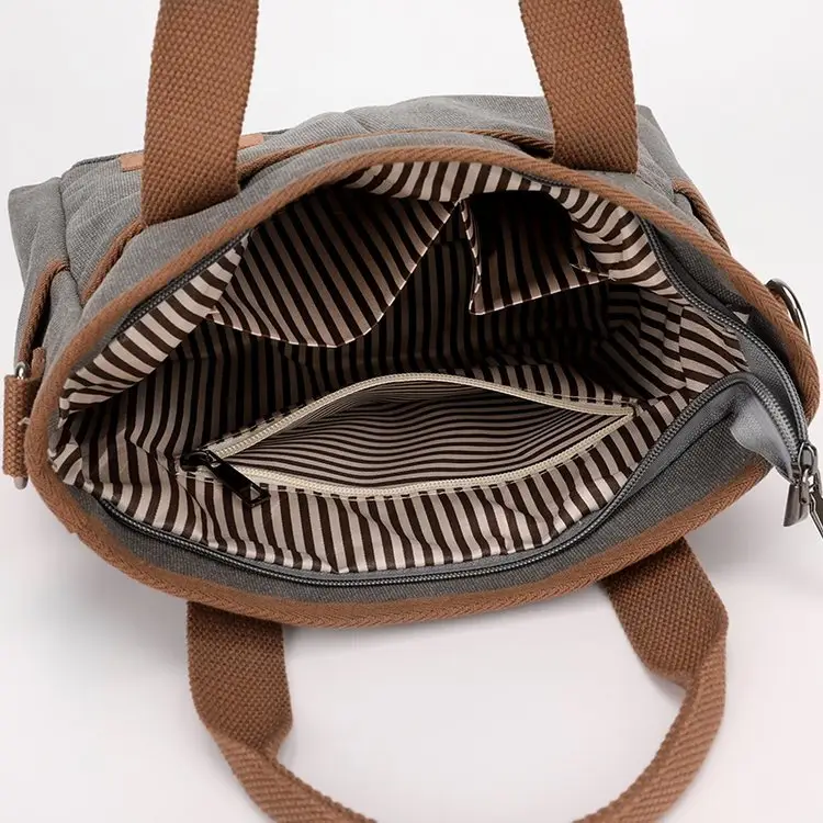 Korean-style Grey Canvas Shoulder Bag with Brown Handles — feature 6