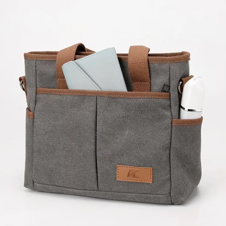 Korean-style Grey Canvas Shoulder Bag with Brown Handles — feature 7